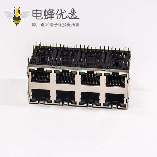 rj45网口接头母座2&times;4端口弯式带屏蔽外壳带弹带灯