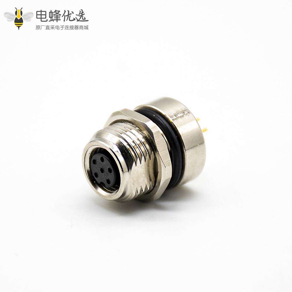 M8防水插座连接器A编码180&deg;6芯母头前锁板接PCB板