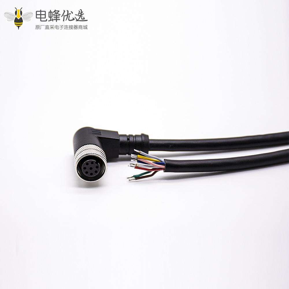 M12连接器8pinA型母弯头不带屏蔽单边线注塑线2M