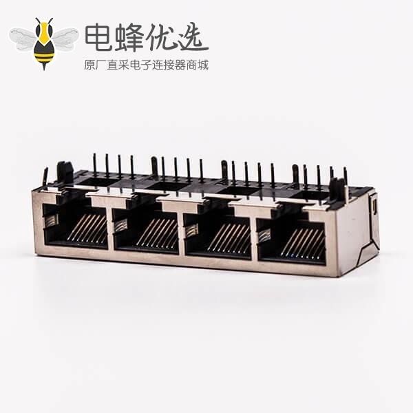 4口rj45插座母头带屏蔽铜壳90&deg;无灯接PCB板