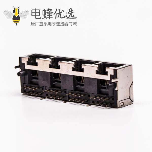 4口rj45插座母头带屏蔽铜壳90&deg;无灯接PCB板