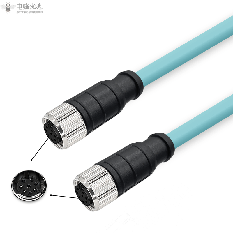 M12连接器8芯A扣母转母接万兆高柔以太网线材可定制