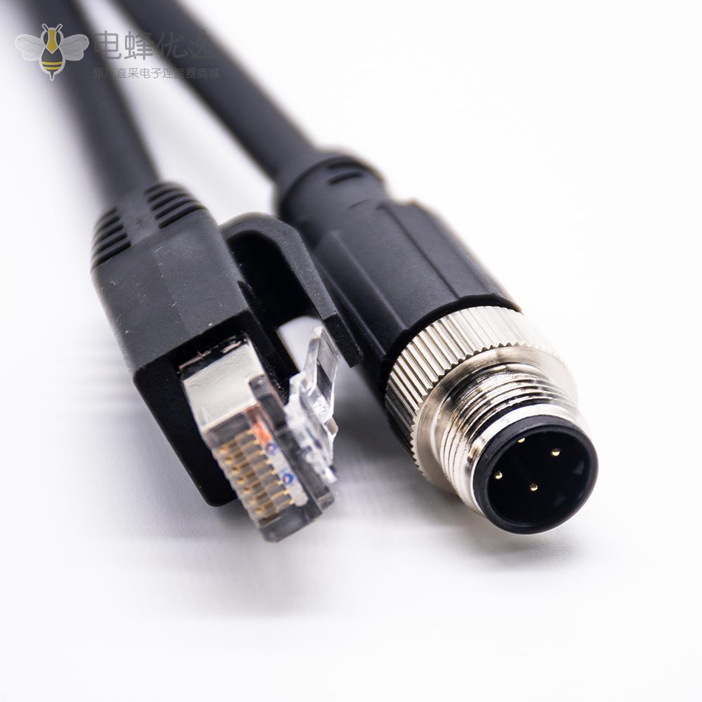 M12网线D Code 4芯公头转RJ45公头注塑电缆1M